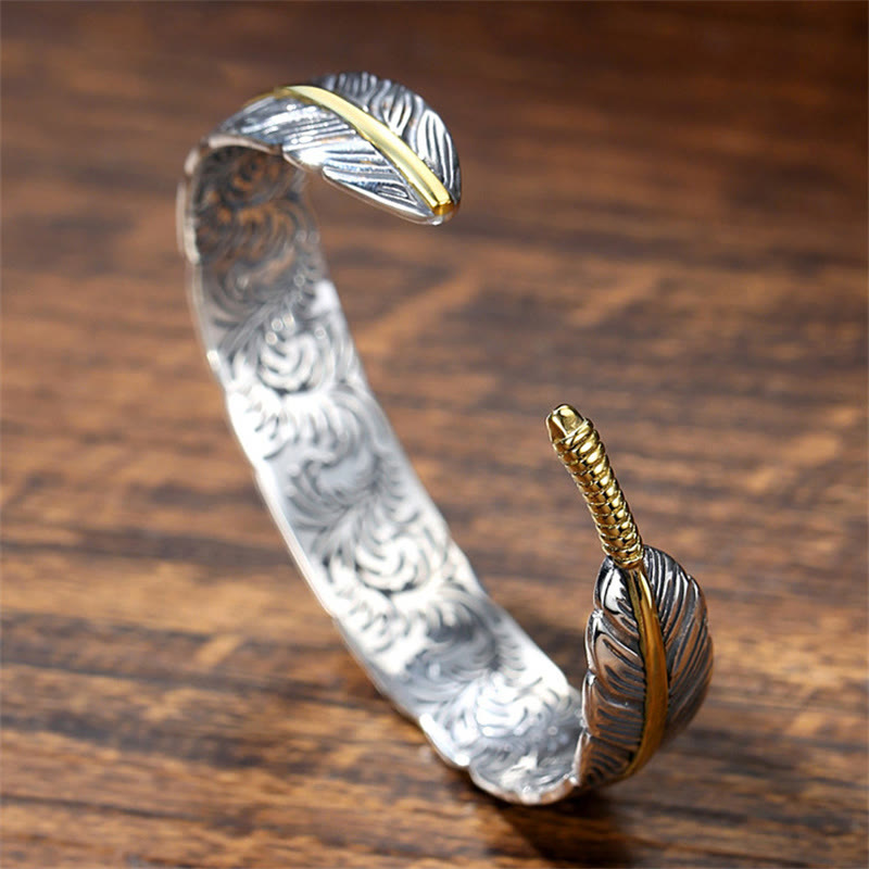 Buddha Stones Feather Pattern Carved Luck Wealth Cuff Bracelet Bangle - image 5