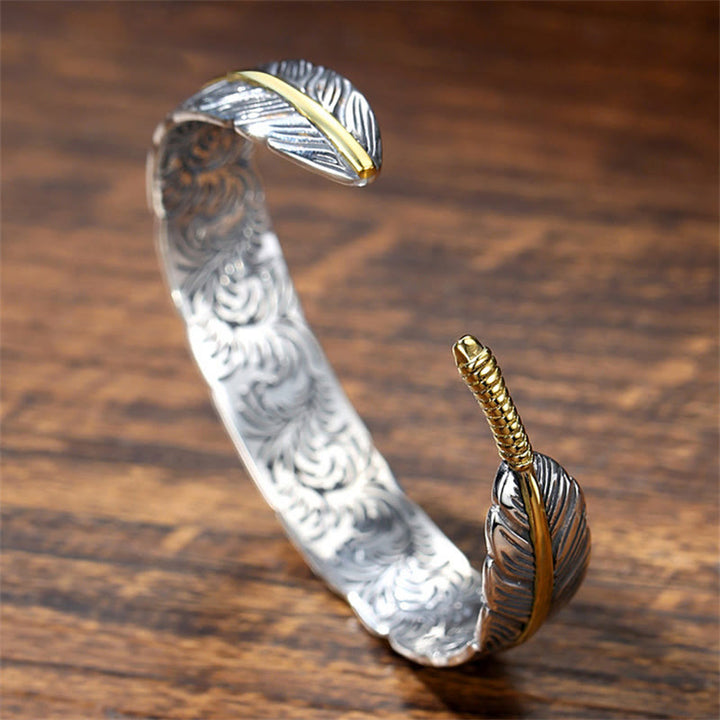 Buddha Stones Feather Pattern Carved Luck Wealth Cuff Bracelet Bangle - image 5