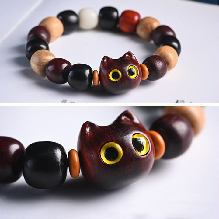 Buddha Stones Small Leaf Red Sandalwood Ebony Wood Cute Cat Engraved Protection Bracelet - image 17