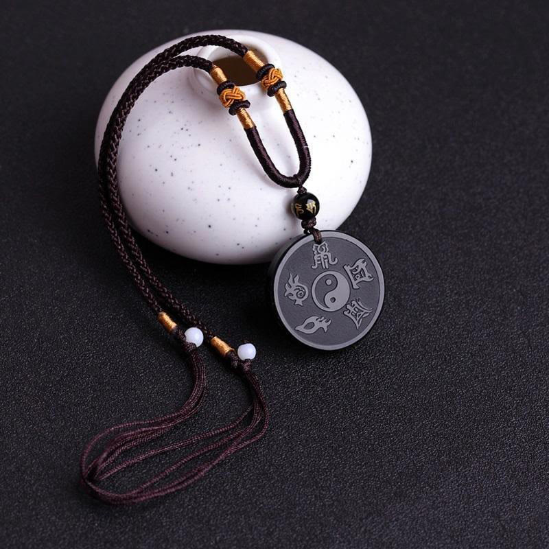 Buddha Stones Natural Black Obsidian Taoism Five Sacred Mountains Nine-Character Mantra Carved Strength Yin Yang Necklace Pendant Key Chain - image 3