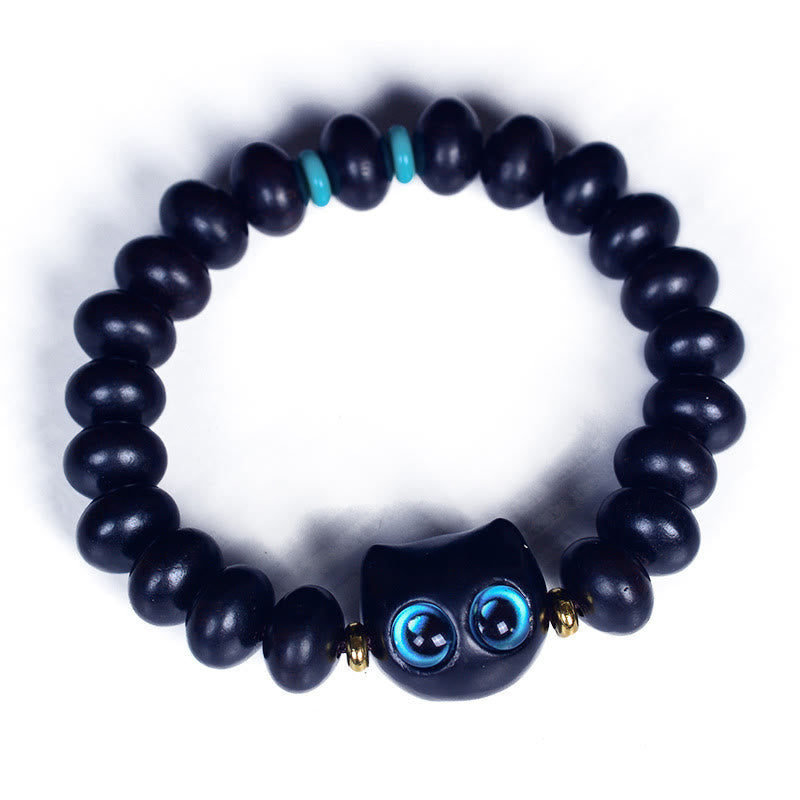 Buddha Stones Ebony Wood Liuli Glass Lovely Cat Peace Balance Bracelet - image 9