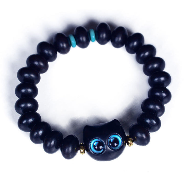 Buddha Stones Ebony Wood Liuli Glass Lovely Cat Peace Balance Bracelet - image 9