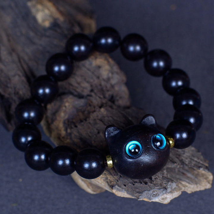 Buddha Stones Ebony Wood Liuli Glass Lovely Cat Peace Balance Bracelet - image 14