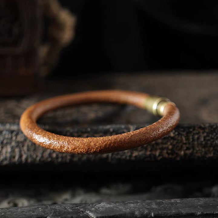 Buddha Stones Retro Leather Luck Healing Copper Magnetic Buckle Bracelet - image 11