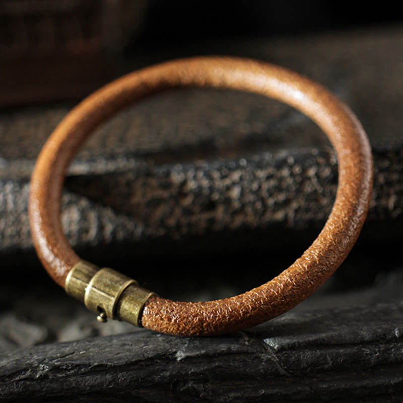 Buddha Stones Retro Leather Luck Healing Copper Magnetic Buckle Bracelet - image 2