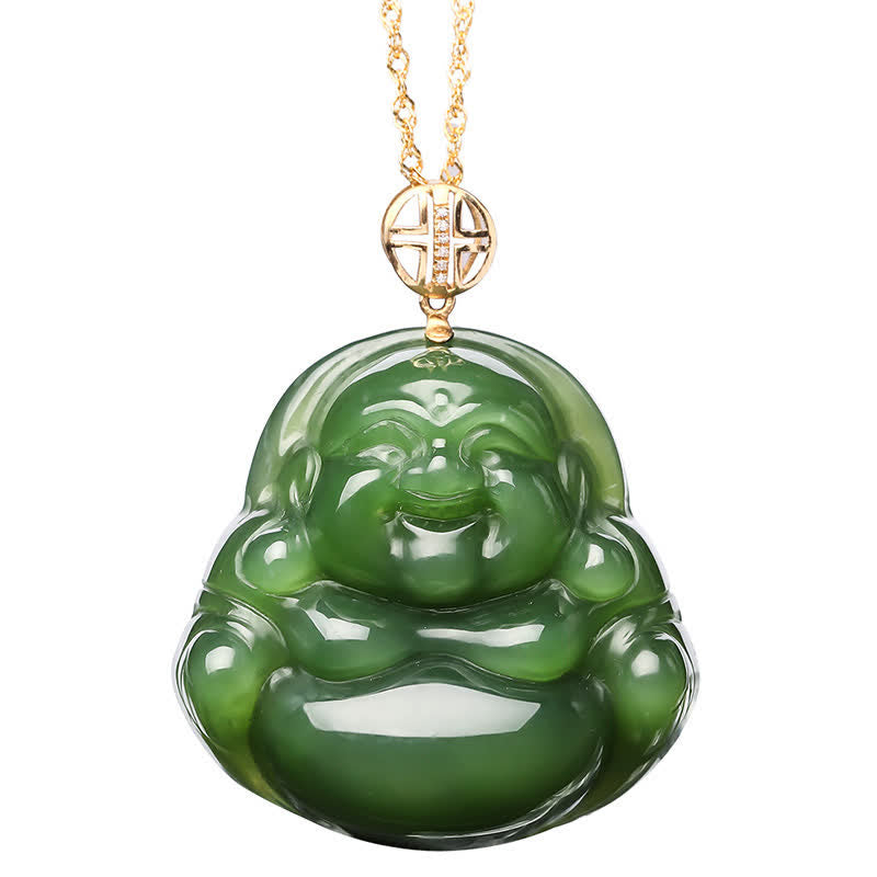 925 Sterling Silver Laughing Buddha Hetian Cyan Jade 18K Gold Success Necklace Chain Pendant - image 10