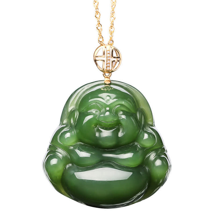 925 Sterling Silver Laughing Buddha Hetian Cyan Jade 18K Gold Success Necklace Chain Pendant - image 10