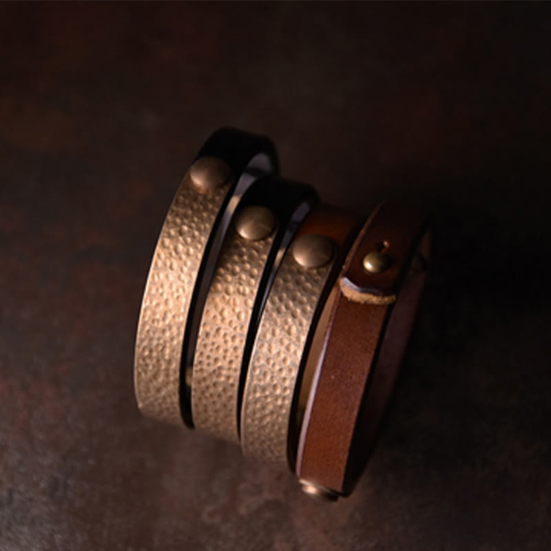 Buddha Stones Vintage Handmade Texture Copper Brass Leather Wealth Bracelet Bangle - image 8