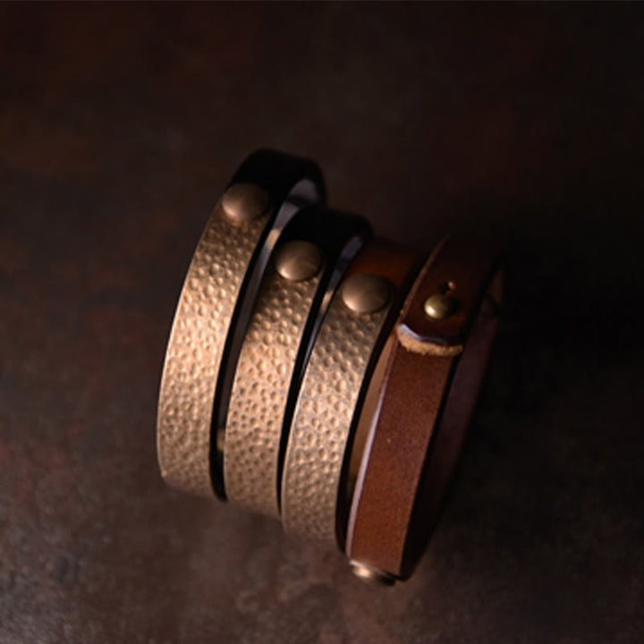 Buddha Stones Vintage Handmade Texture Copper Brass Leather Wealth Bracelet Bangle - image 8