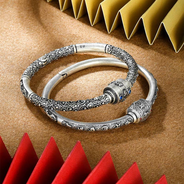 Buddha Stones 990 Sterling Silver Tibetan Auspicious Clouds Om Mani Padme Hum Engraved Creativity Bracelet Bangle - image 14