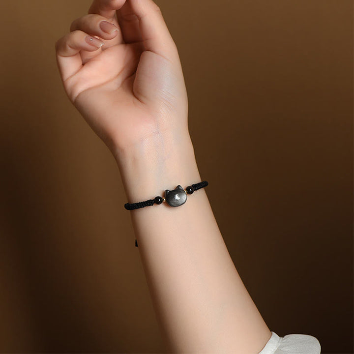 Buddha Stones Handmade Natural Silver Sheen Obsidian Strawberry Quartz Cute Cat Protection Braided Bracelet - image 7