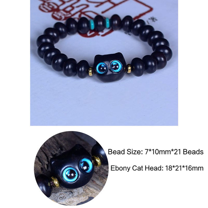 Buddha Stones Ebony Wood Liuli Glass Lovely Cat Peace Balance Bracelet - image 8