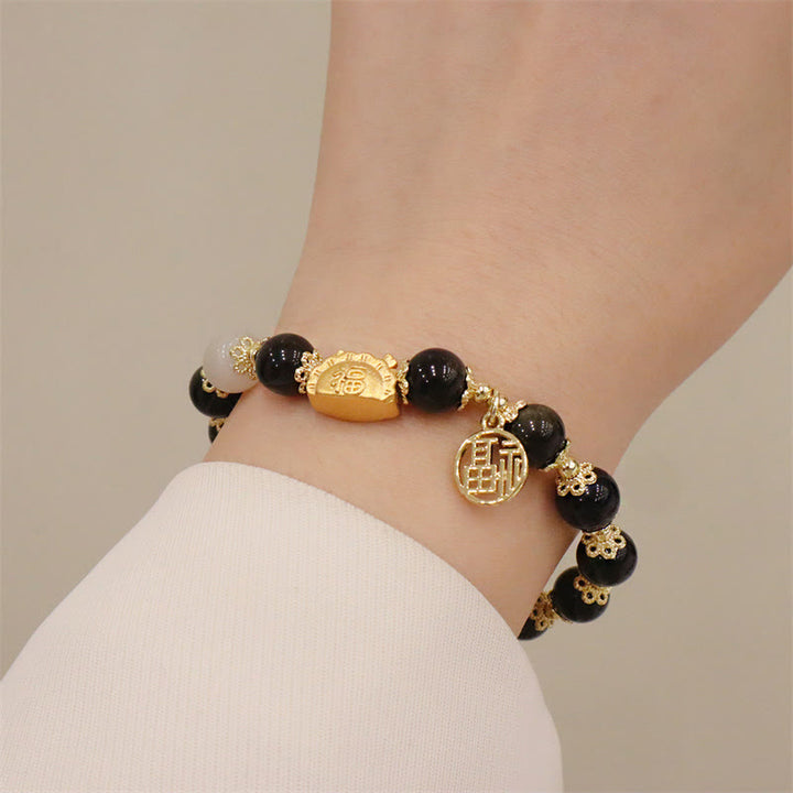 Buddha Stones Year Of The Dragon Red Agate Strawberry Quartz Black Obsidian Jade Garnet Pearl Cinnabar Dumpling Dragon Luck Fu Character Bracelet - image 15