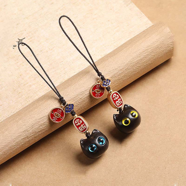 Buddha Stones Ebony Wood Lucky Cat Auspicious Cloud Peace Key Chain Phone Hanging Decoration - image 20