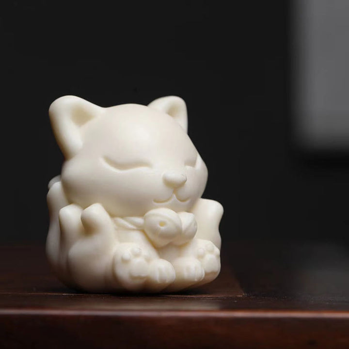 Buddha Stones Mini Nine Tailed Fox Ivory Fruit Sandalwood Green Sandalwood Blessing Decoration