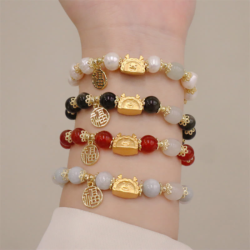 Buddha Stones Year Of The Dragon Red Agate Strawberry Quartz Black Obsidian Jade Garnet Pearl Cinnabar Dumpling Dragon Luck Fu Character Bracelet - image 1