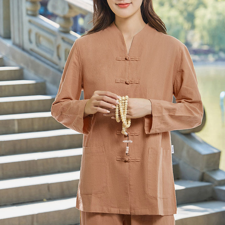 Spiritual Zen Practice Yoga Meditation Prayer Uniform Cotton Linen Clothing Women's Set - SandyBrown - US18,UK/AU22,EU50 (6XL) - image 13