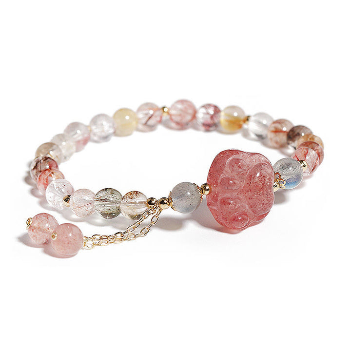 Buddha Stones Natural Strawberry Quartz Cat Paw Claw Colorful Rutilated Quartz Moonstone Love Bracelet - Strawberry Quartz&Colorful Rutilated Quartz - image 1