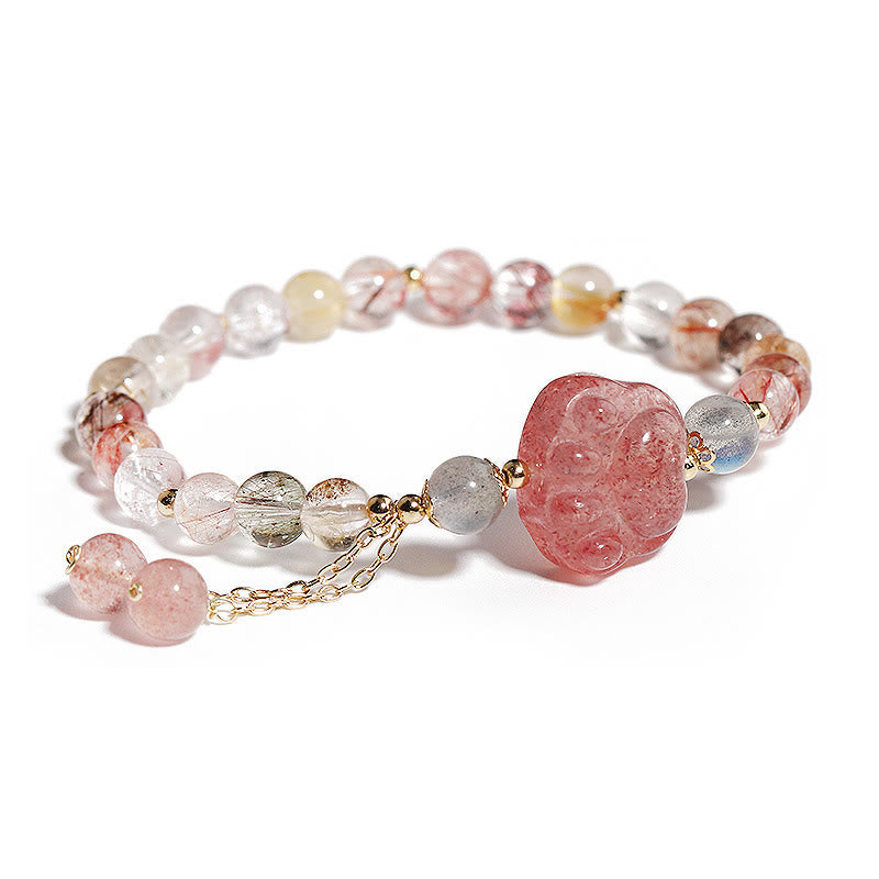 Buddha Stones Natural Strawberry Quartz Cat Paw Claw Colorful Rutilated Quartz Moonstone Love Bracelet - Strawberry Quartz&Colorful Rutilated Quartz - image 1
