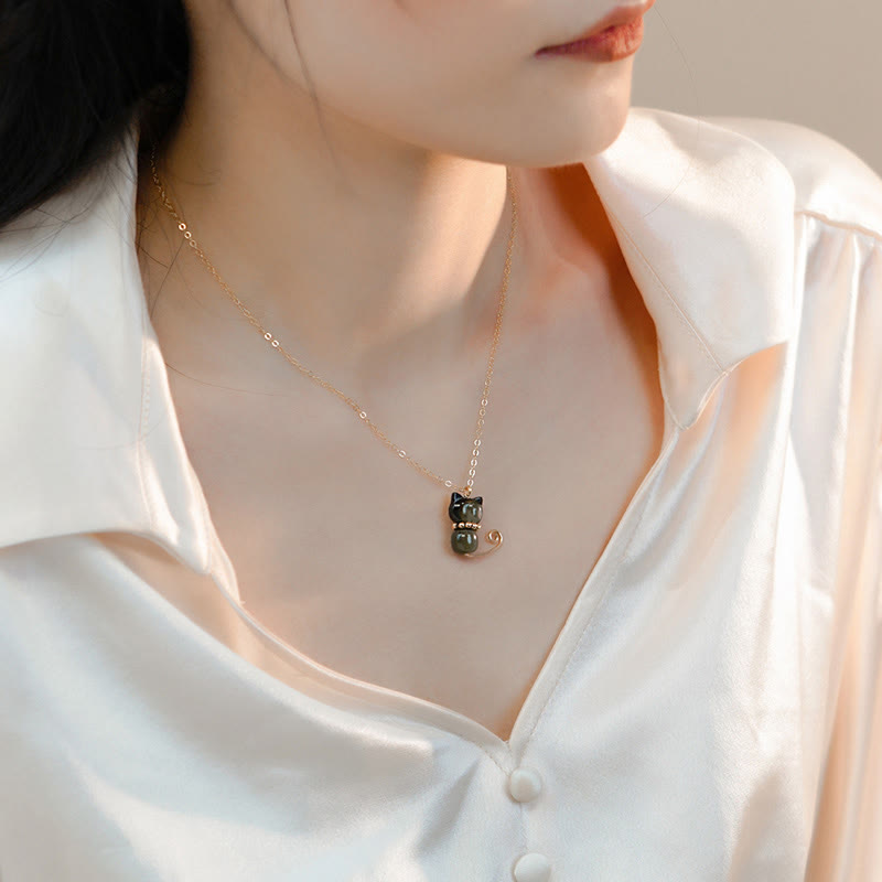 Buddha Stones 14K Gold Plated Pearl Hetian Jade Shell Luck Cat Kitten Necklace Pendant - image 9