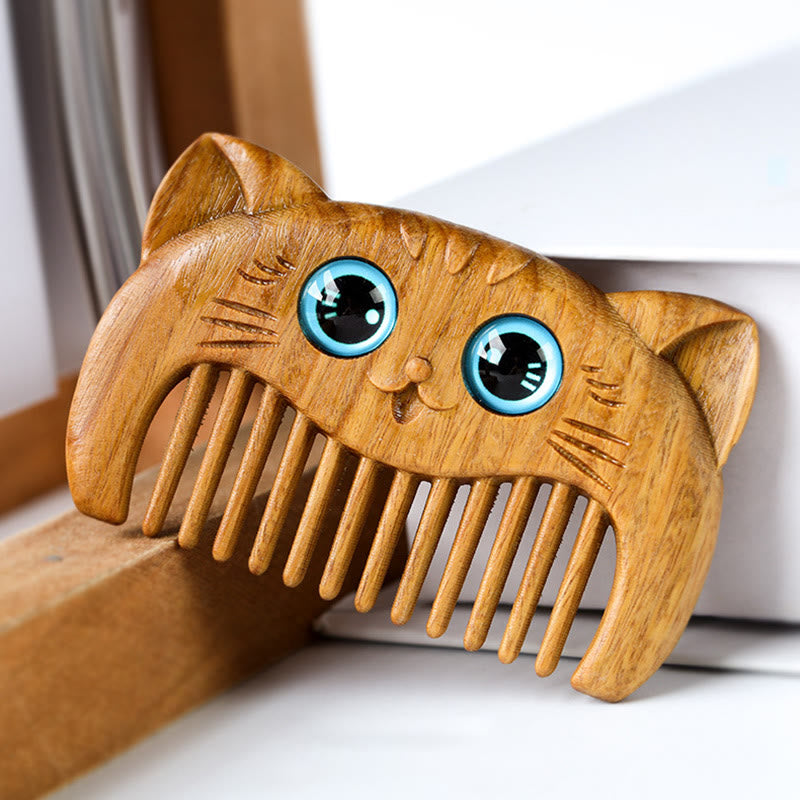 Simple Cat Pattern Green Sandalwood Cure Portable Comb - image 2