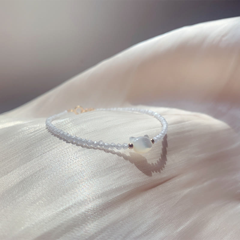 Buddha Stones 14K Gold Plated Black Spinel White Crystal Cute Cat Tridacna Stone Healing Bracelet - image 15