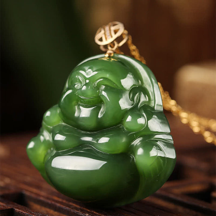 925 Sterling Silver Laughing Buddha Hetian Cyan Jade 18K Gold Success Necklace Chain Pendant - image 7