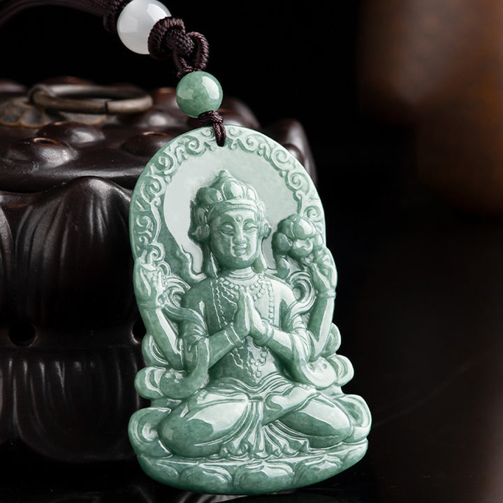 Four-armed Avalokitesvara Natural Jade Amulet Blessing String Necklace - image 5