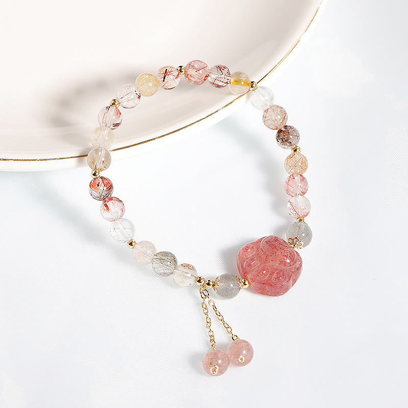 Buddha Stones Natural Strawberry Quartz Cat Paw Claw Colorful Rutilated Quartz Moonstone Love Bracelet - image 6