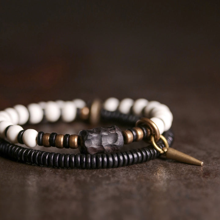 Buddha Stones Bone Beads Ebony Wood Copper Strength Couple Bracelet