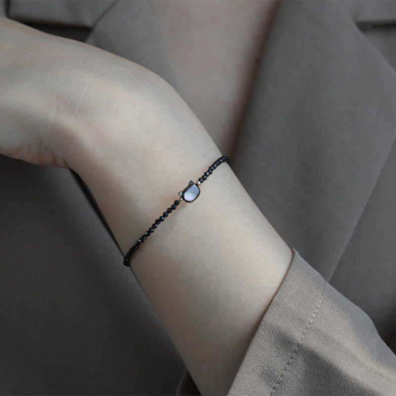 Buddha Stones 14K Gold Plated Black Spinel White Crystal Cute Cat Tridacna Stone Healing Bracelet - image 4