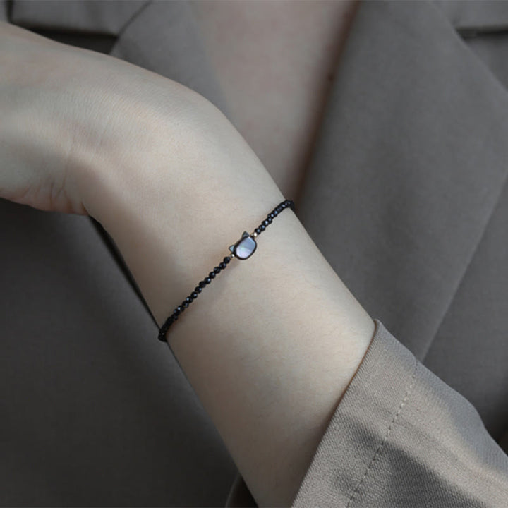 Buddha Stones 14K Gold Plated Black Spinel White Crystal Cute Cat Tridacna Stone Healing Bracelet - image 4