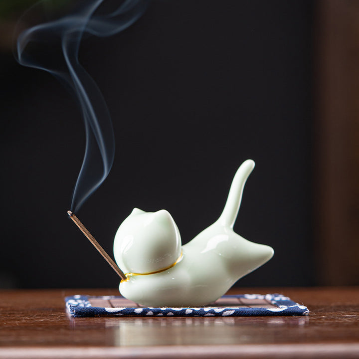 Lovely Cat Panda Ceramic Blessing Incense Burner Decoration - Honeydew Cat Incense Holder - image 11