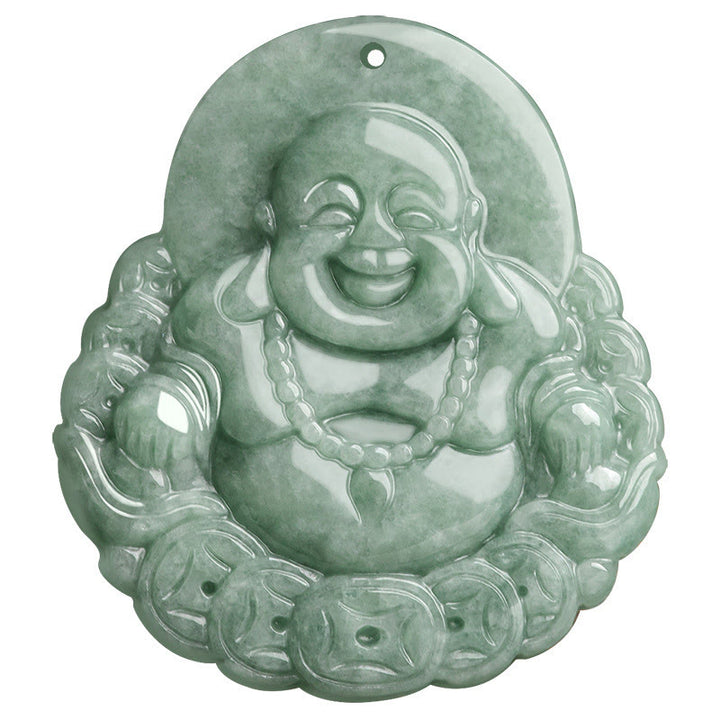 Buddha Stones Laughing Buddha Natural Jade Copper Coin Abundance Necklace Pendant - image 9