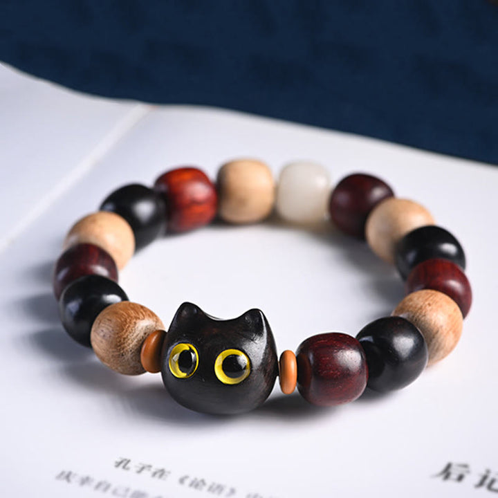 Buddha Stones Small Leaf Red Sandalwood Ebony Wood Cute Cat Engraved Protection Bracelet - image 5