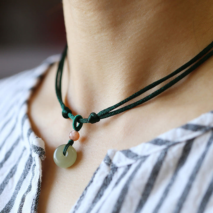 Natural Round Jade Peace Buckle Lotus Abundance String Necklace Pendant - Green - Peace Buckle - image 2