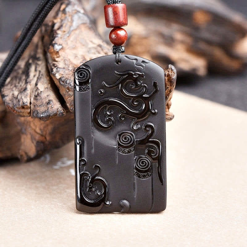 Black Obsidian Dragon Phoenix Success Necklace Pendant - image 2
