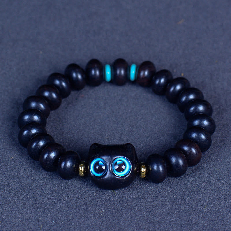 Buddha Stones Ebony Wood Liuli Glass Lovely Cat Peace Balance Bracelet - Ebony 7*10mm*21 Beads(Wrist Circumference 14-16cm) - image 1