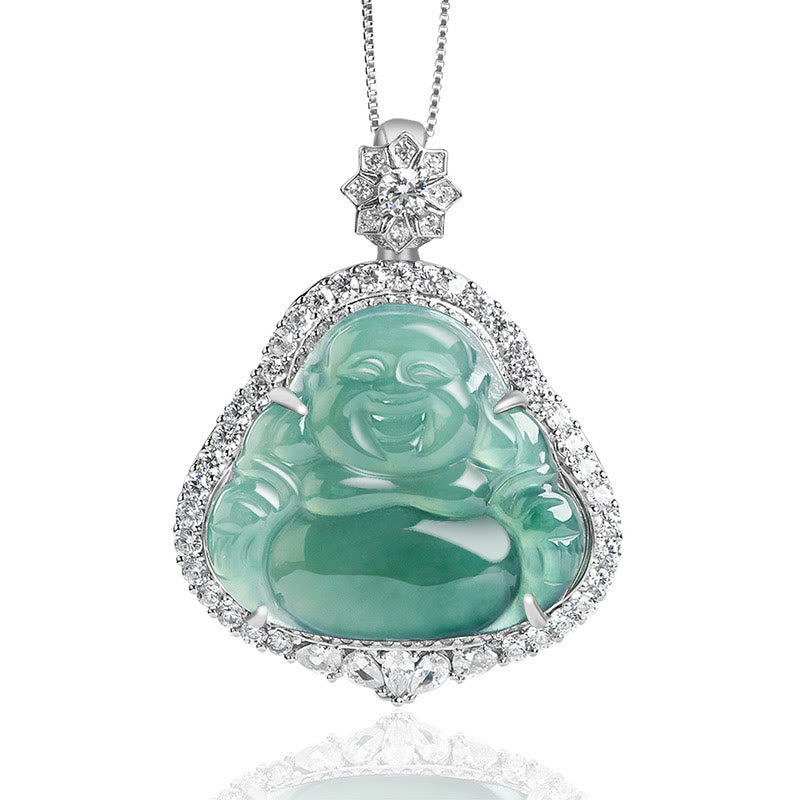 Buddha Stones 925 Sterling Silver Laughing Buddha Natural Jade Luck Abundance Chain Necklace Pendant - Laughing Buddha(Happinessâ„Wealth) - image 1