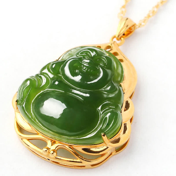 925 Sterling Silver Natural Hetian Cyan Jade Laughing Buddha 18K Gold Healing Necklace Chain Pendant - image 9