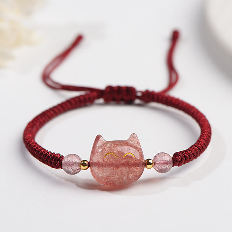 Buddha Stones Handmade Natural Silver Sheen Obsidian Strawberry Quartz Cute Cat Protection Braided Bracelet - Strawberry Quartz(Love♥Healing) - Smiling Cat - image 8