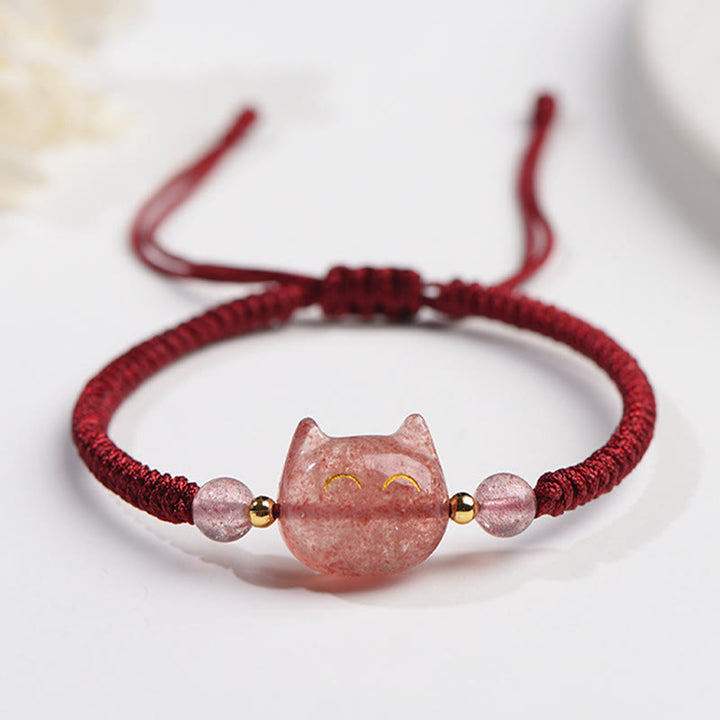 Buddha Stones Handmade Natural Silver Sheen Obsidian Strawberry Quartz Cute Cat Protection Braided Bracelet - Strawberry Quartz(Love♥Healing) - Smiling Cat - image 8