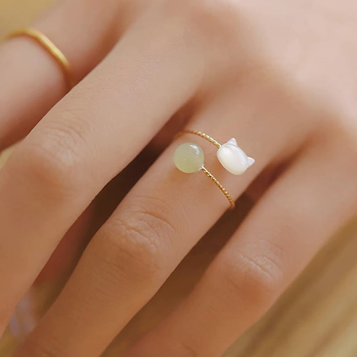 Buddha Stones Tridacna Stone Cat Head Jade Bead Blessing Ring - image 3