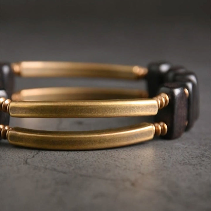 Buddha Stones Tibetan Ebony Wood Brass Copper Balance Double Layer Bracelet - image 6