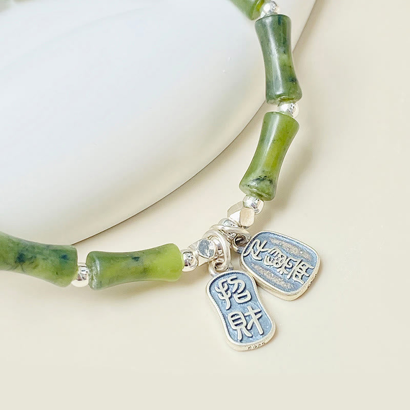 Buddha Stones 925 Sterling Silver Bamboo Jade Lucky Cat Fu Character Luck Abundance Bracelet - image 12