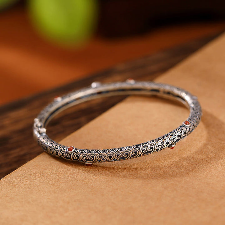 Vintage Tang Dynasty Flower Design Engraved Red Agate Copper Luck Bracelet Bangle - image 11