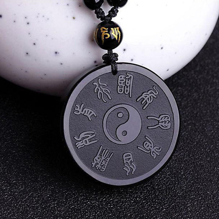 Buddha Stones Natural Black Obsidian Taoism Five Sacred Mountains Nine-Character Mantra Carved Strength Yin Yang Necklace Pendant Key Chain - image 6
