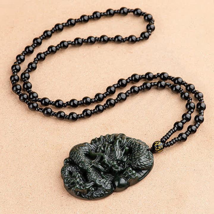 Buddha Stones Hetian Cyan Jade Dragon Success Harmony Necklace Beaded String Pendant - image 5
