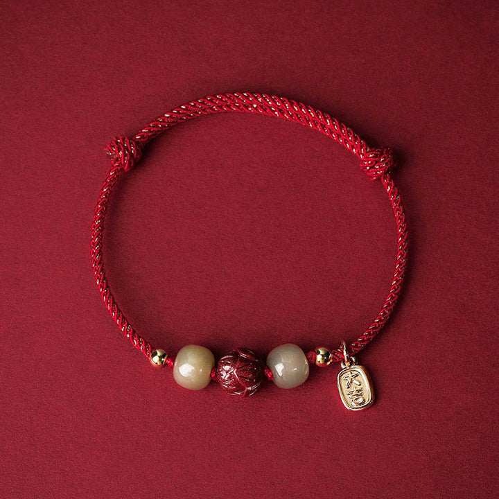 Buddha Stones 14K Gold Plated Hetian Jade Cinnabar Lotus Luck Handcrafted Rope Bracelet - Red Rope(Wrist Circumference 13-18cm) - image 0