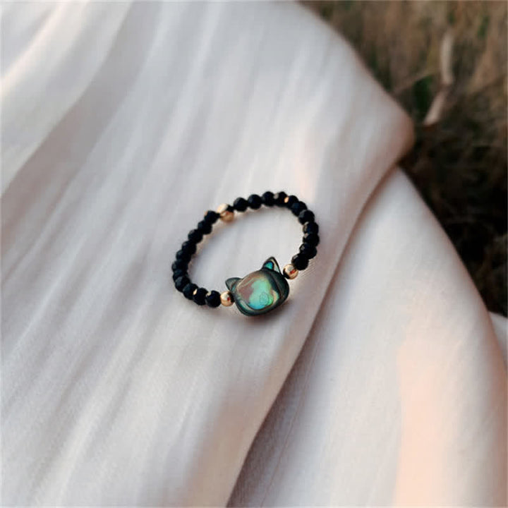 Buddha Stones Natural Tridacna Stone Lovely Cat 14K Gold Blessing Ring - image 7